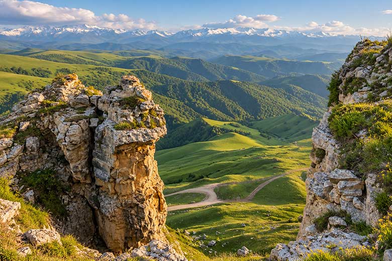 Панорама с перевала Гумбаши весной — скалистые выступы, зелёные горные долины, извилистая дорога и заснеженные вершины Кавказа.