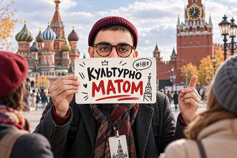 Гид с шуточной табличкой на Красной площади на фоне Кремля.