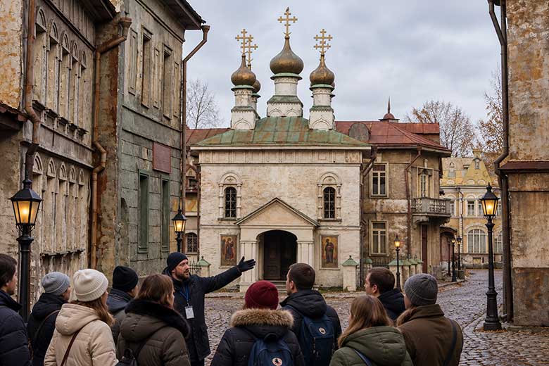 Туристическая группа на экскурсии по декорациям на киностудии «Мосфильм».