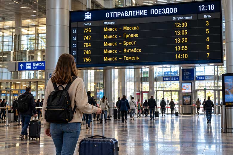 Пассажирка с чемоданом проверяет расписание поездов на вокзале.