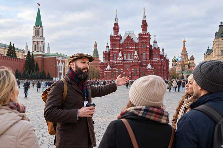 Гид рассказывает туристам об истории Кремля и достопримечательностях столицы.