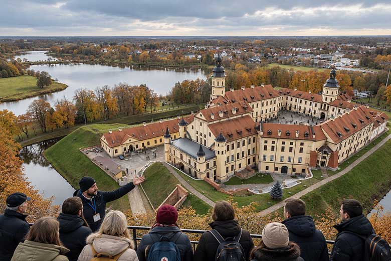Несвижский замок Радзивиллов в Беларуси, осенний вид, башни и окружающие озёра.